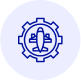 Blue gear icon with an airplane inside symbolizing travel or aviation.
